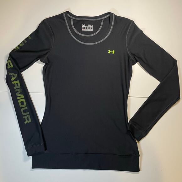 Under Armour Fitted ColdGear Long Sleeve Base Layer Top Womens S Black Neon Logo - Picture 1 of 11